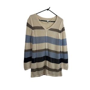 Croft & Barrow Open Knit Tan Blue Striped Long Sleeve Beach Sweater Top Size L
